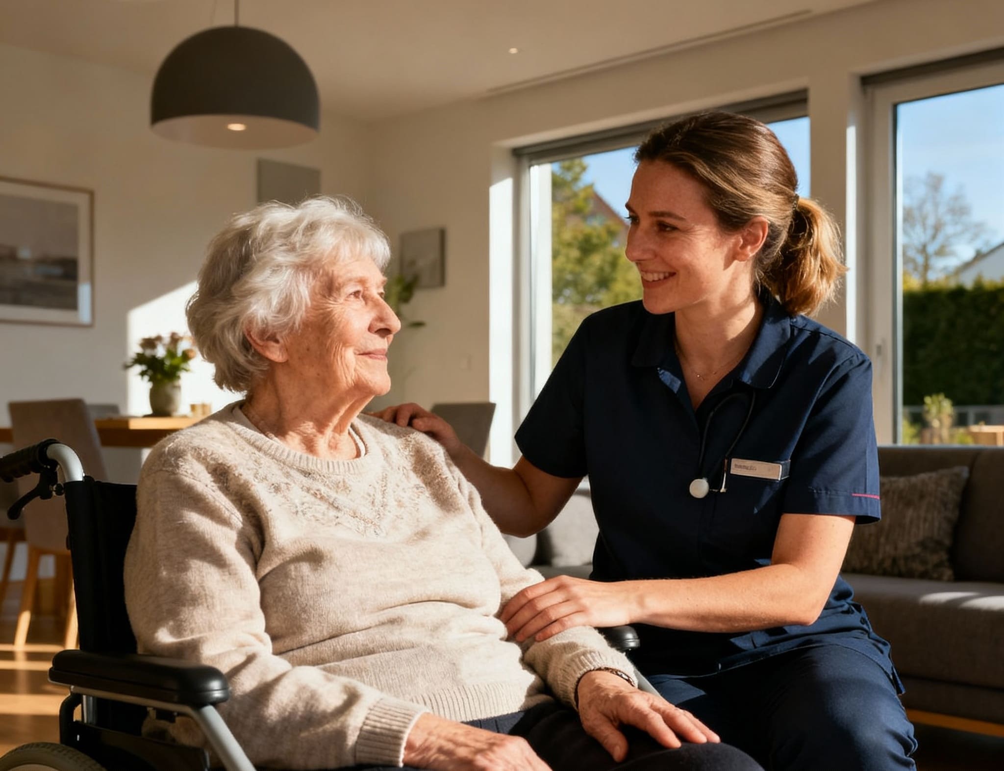 Pflegekraft betreut Seniorin zu Hause
