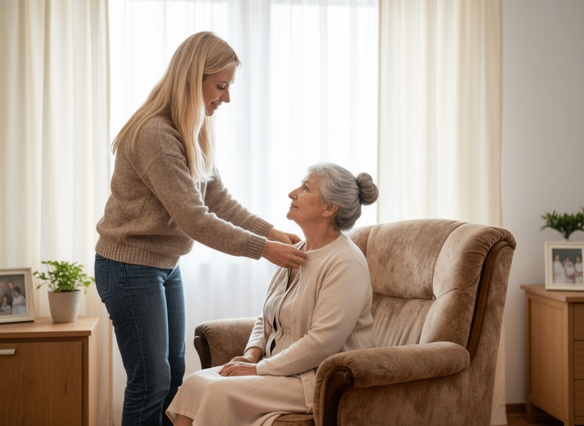 Pflegekraft betreut Seniorin zu Hause